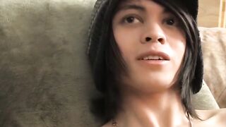 After the interview skinny twink Roxy stuffs her dildo and walks away