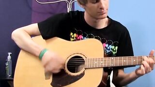 Before dick stroking and cupping a young man plays the guitar