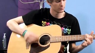 Before dick stroking and cupping a young man plays the guitar