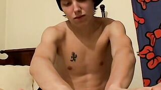 Blinks strokes his hard dick and spews his load out all over his foot