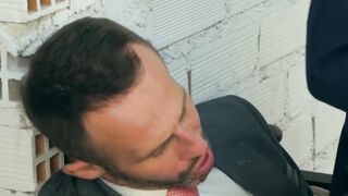 Suit and tie hunk rimms and pounds angry boss for comfort