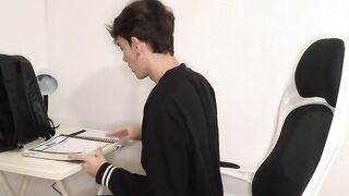 Skinny Henry Evans gets hot while studying and gives himself a handjob