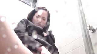 Hairy pussy Asian girl masturbating in public while peeing