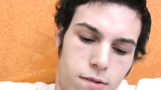 Tall skinny twink beating off his big cock solo masturbation
