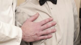 Very aroused Austin Young receives a throbbing treat from two mature dudes