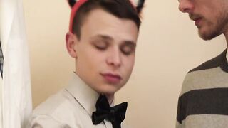 Very aroused Austin Young receives a throbbing treat from two mature dudes