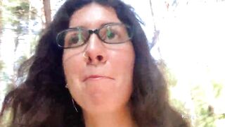 Hot with glasses walks into outdoor and shows breasts and snatch