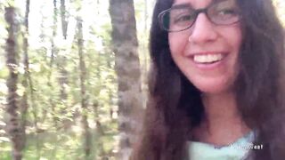 Hot with glasses walks into outdoor and shows breasts and snatch