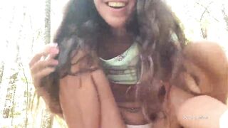 Hot with glasses walks into outdoor and shows breasts and snatch