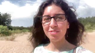 Hot with glasses walks into outdoor and shows breasts and snatch