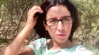 Hot with glasses walks into outdoor and shows breasts and snatch