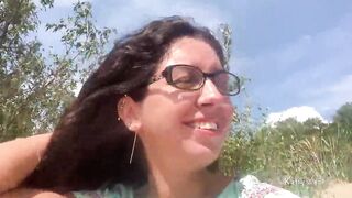 Hot with glasses walks into outdoor and shows breasts and snatch