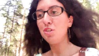 Hot with glasses walks into outdoor and shows breasts and snatch