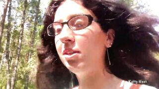 Hot with glasses walks into outdoor and shows breasts and snatch