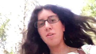 Hot with glasses walks into outdoor and shows breasts and snatch
