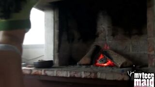 Huge boobies barely legal gets naked off by the hearth