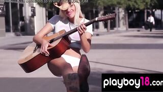 Big Boobed tattooed blondie Taylor Seinturier stripping on the beach