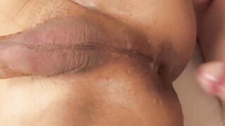Busty Asian tbabe fucked before cumming on her belly