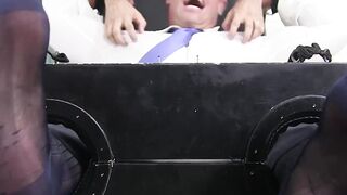 Tied up stud with tattoos has his toes and feet tickled