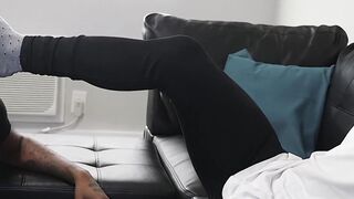 Black gay masturbates while his buddy is licking his feet