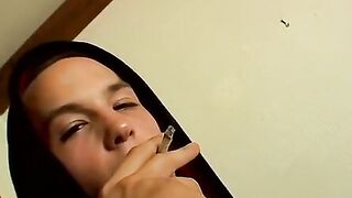 Young Puppy oozed creamy cum after stroking his dick and fucking his toy while smokin