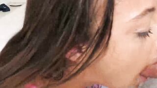 College brunette Gia Derza drools as she gets her mouth blowbanged by three hard cock