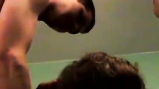 Beautiful teen sucking big cock and hammered in threesome