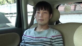 Japanese twink jerks off and cums big loads in the backseat