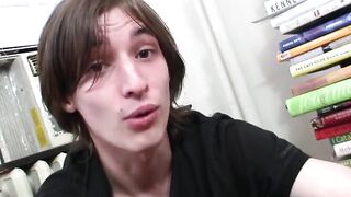Amateur twink whips out his big dick for hot solo jerk off
