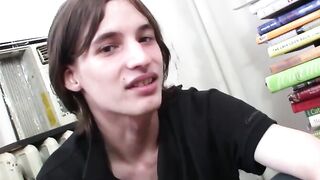 Amateur twink whips out his big dick for hot solo jerk off