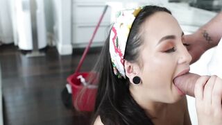 Inked Asian teen facialized after plowing by hung boss