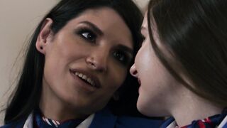 TRANSFIXED - Shemale Flight Attendant Zariah Aura Fucks Beauty Coworker Hazel Moore During Delayed Flight