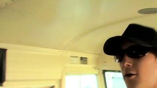 Tattooed twink Roxy Red rides hard bus drivers dick bareback