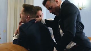 Business daddies barebacking young hunk in hardcore 3way