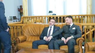 Business daddies barebacking young hunk in hardcore 3way