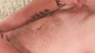 Tattooed senior jerking off his cock and cums in hot solo