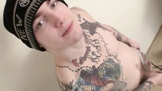 Inked straight thug Blinx cums in a glass while jerking off