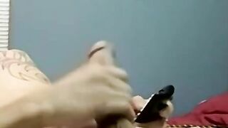 Inked amateur strokes his cock and gets blown by mature gay