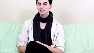 Interview leads to twink masturbating and using a big dildo