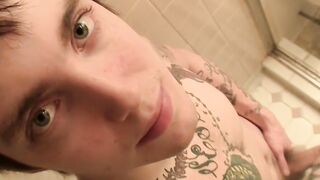 Tattooed skinny twink Blinx masturbates solo and jizzes