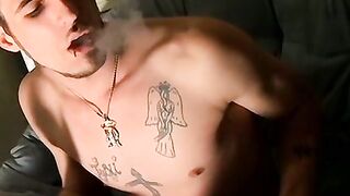Low hangin nuts Chain beats his nice cock while chainsmokin