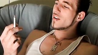 Low hangin nuts Chain beats his nice cock while chainsmokin