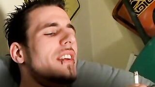 Low hangin nuts Chain beats his nice cock while chainsmokin