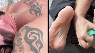 Bearded Joey was tied faced down and  screamed in tickling  by a master