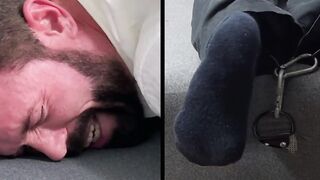 Bearded Joey was tied faced down and  screamed in tickling  by a master