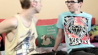 Petite twink welcomes his blond stepbrother with a cumshot