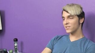 Blonde skinny twink Rany strokes long dick and stuffs dildo
