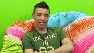 Interviewed twink uses sex toys on his ass while jerking off