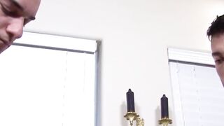 Brown haired Alex Adams overwhelms his gagging mouth with two long cocks