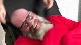 Giant Rick enjoys being tickled with his huge size thirteen feet by a hairy guy